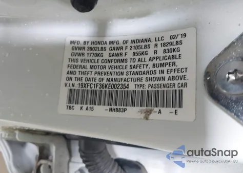 2019 Honda Civic Ex from USA, damaged, VIN 19XFC1F36KE002354